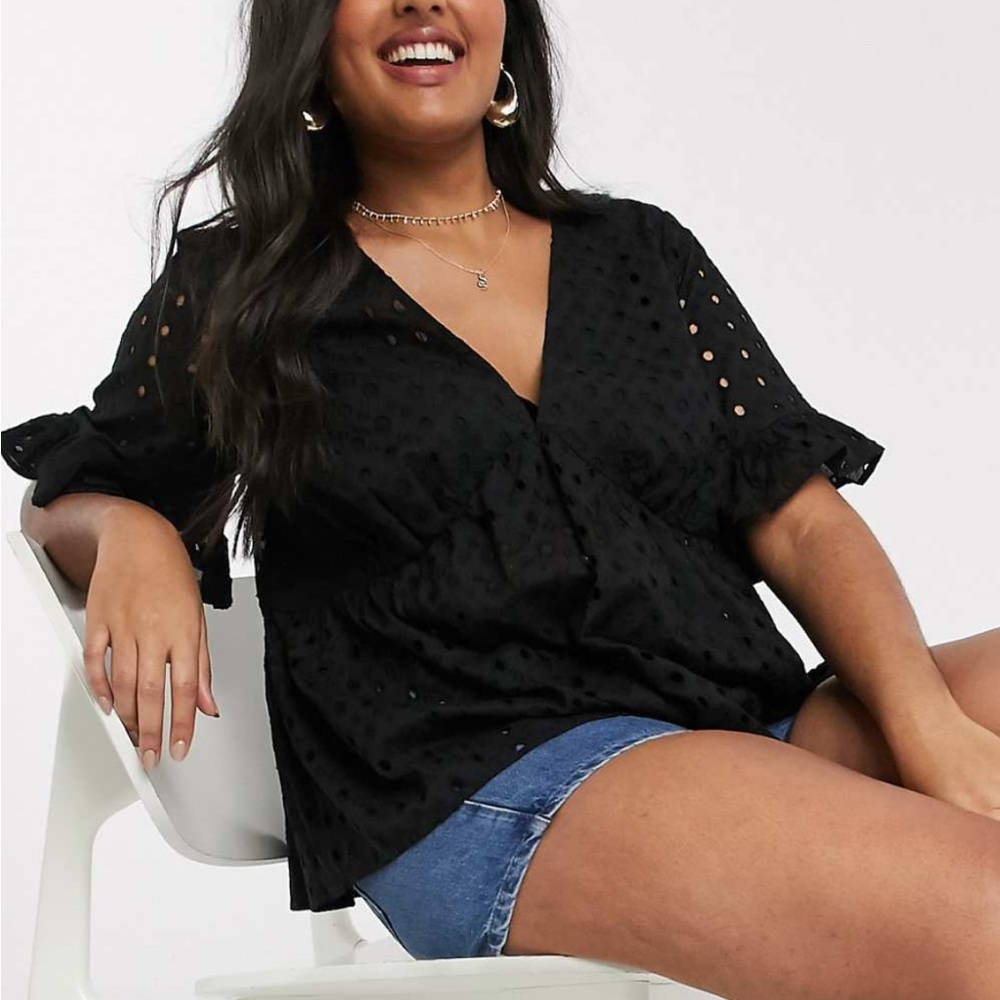 ASOS Curve Broderie Smock top with Fluted Sleeves Black Women's Top